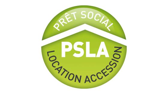 Logo rond et vert sur lequel est inscrit en blanc et noir Prêt Social Location Accession (soit PSLA)