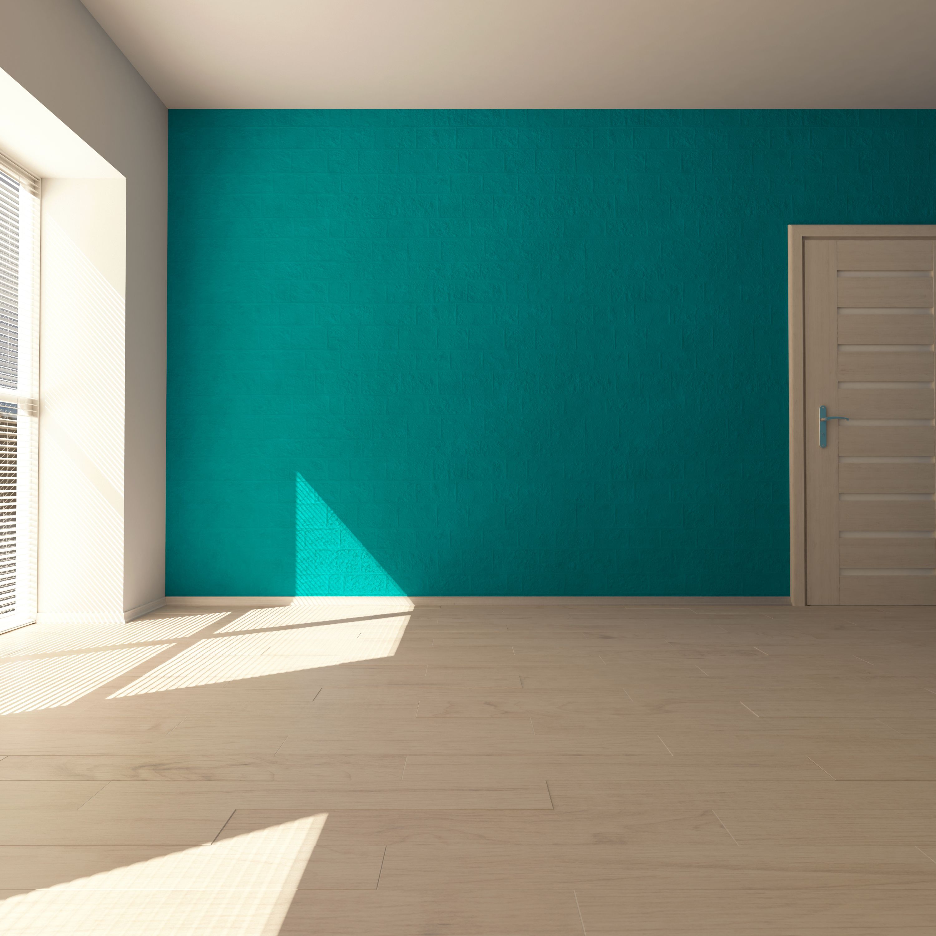 Chambre parentale avec mur vert-bleu et baie vitrée.